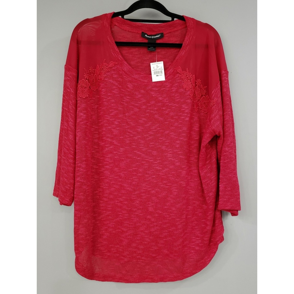 NEW - SIZE 22/24 Ashley Stewart Jester Red Blouse Top Shirt Lace Floral